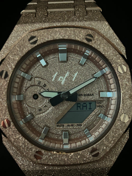 Custom G-Shock 1 of 1 Frosted Rose Gold Edition up close by GCS.DBN