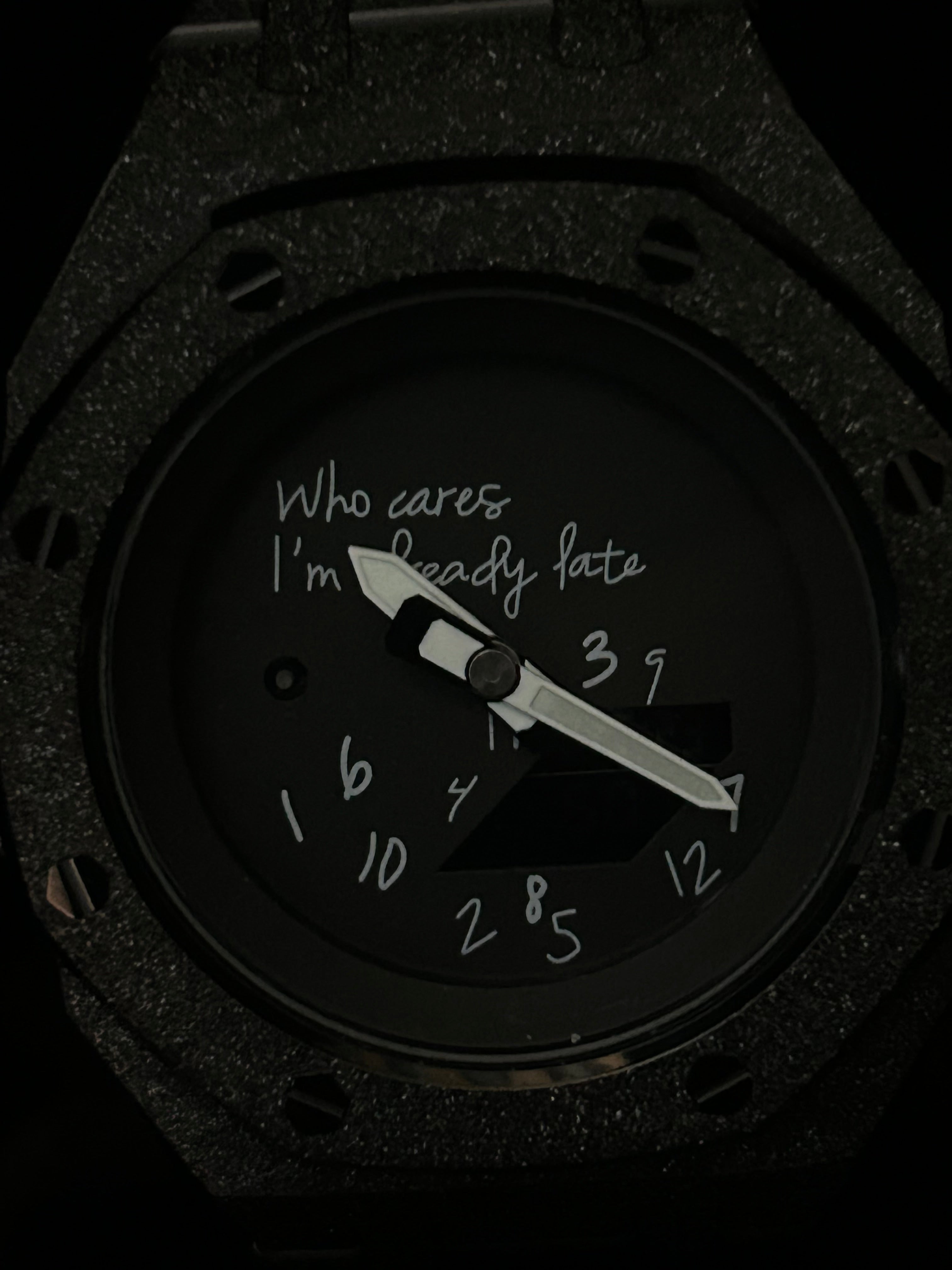 Close-up of frosted black stainless steel case and bracelet