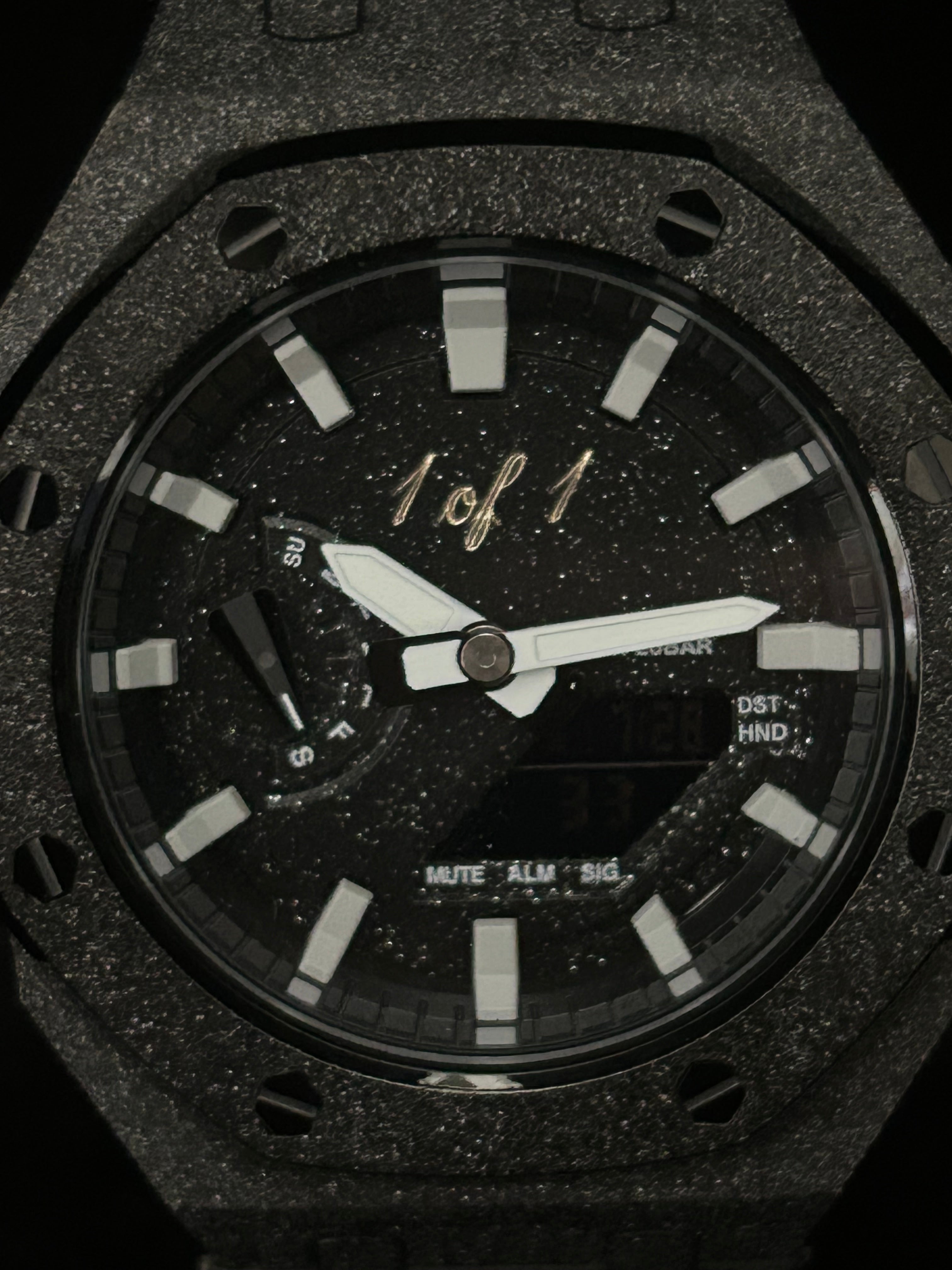 Custom G-Shock 1 of 1 Black Frosted Edition up close by GCS.DBN