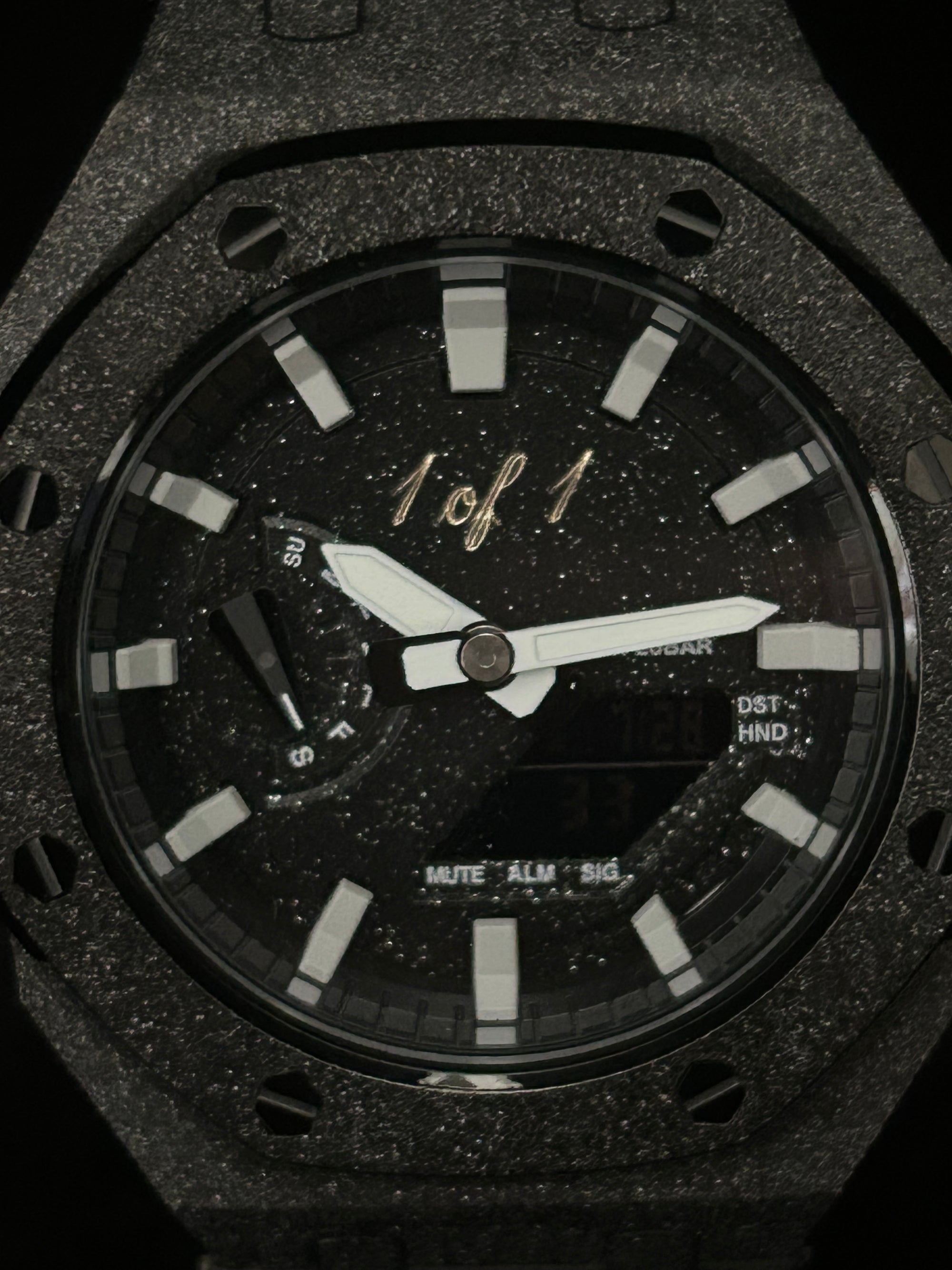 Custom G-Shock 1 of 1 Black Frosted Edition up close by GCS.DBN