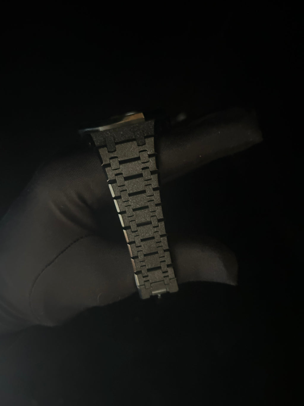 Close-up of frosted black stainless steel bracelet