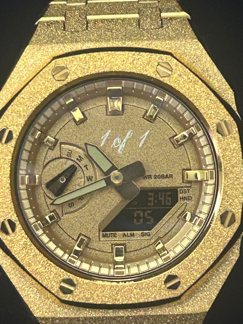 GCS.DBN 1 of 1 Frosted Gold — front view, frosted gold steel case and bracelet