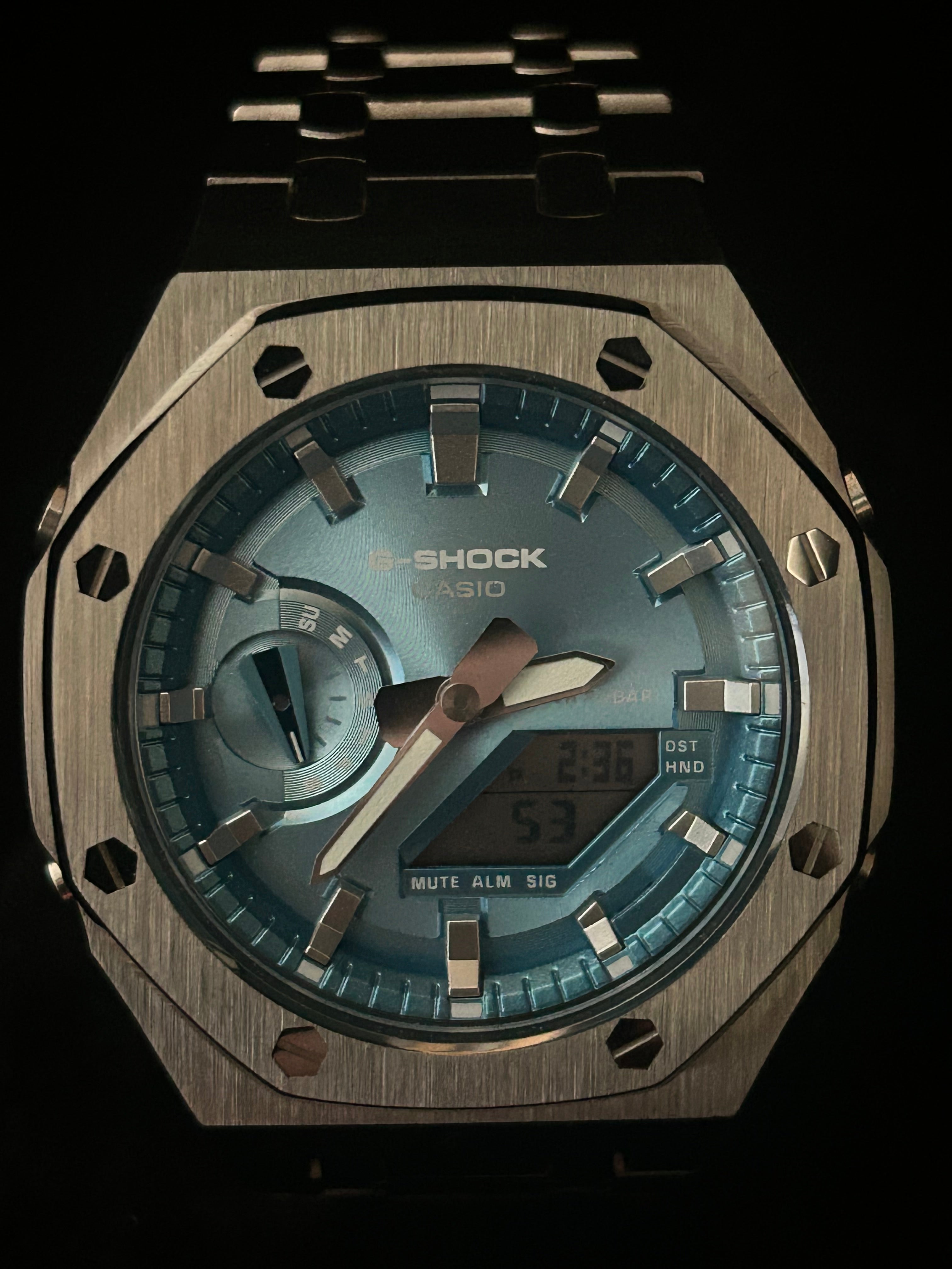 Custom G-Shock Apex Edition Ice Blue brushed steel mod up close by GCS.DBN