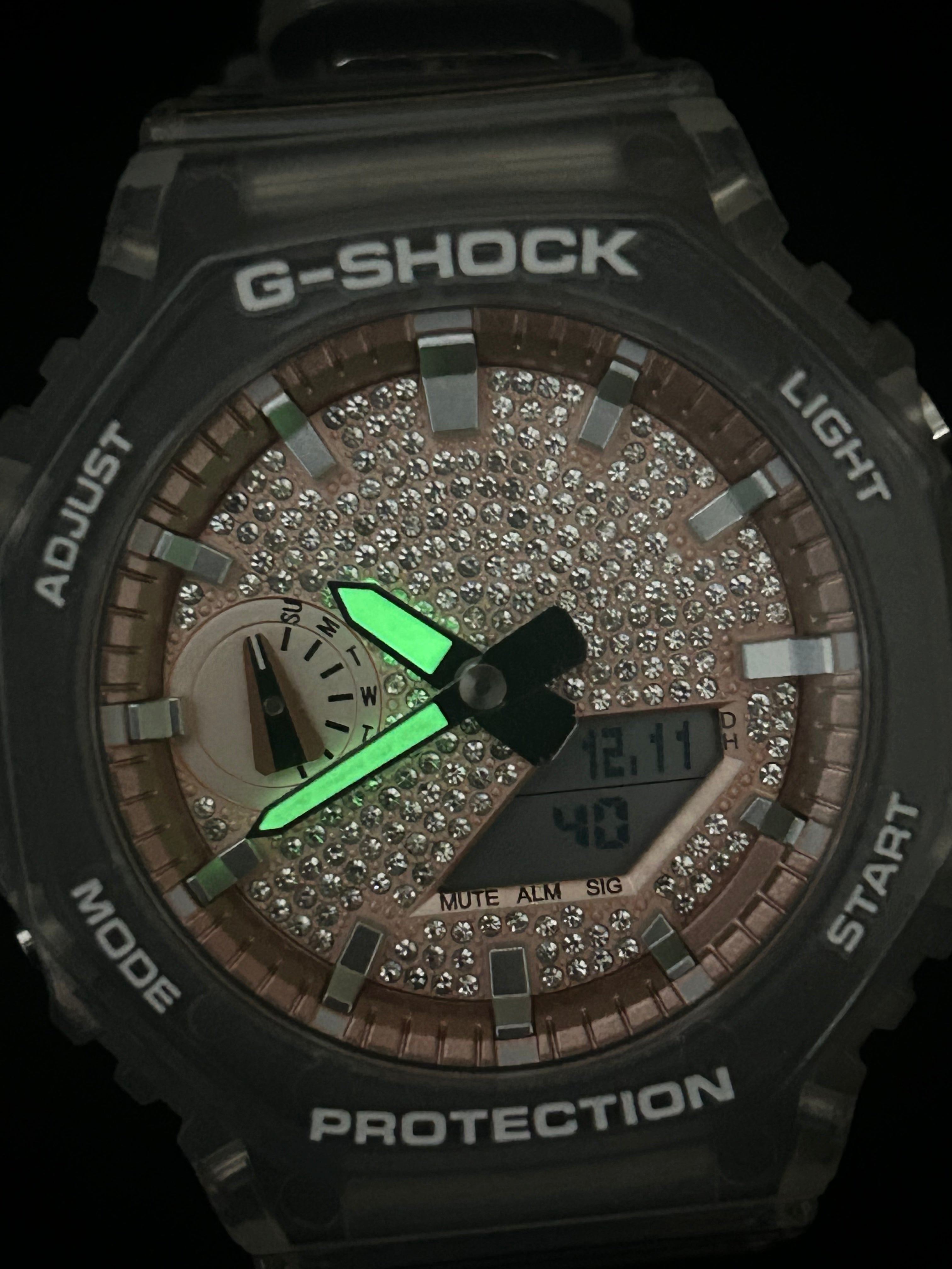 Custom G-Shock Iced Edition Rose Gold with clear case up close by GCS.DBN