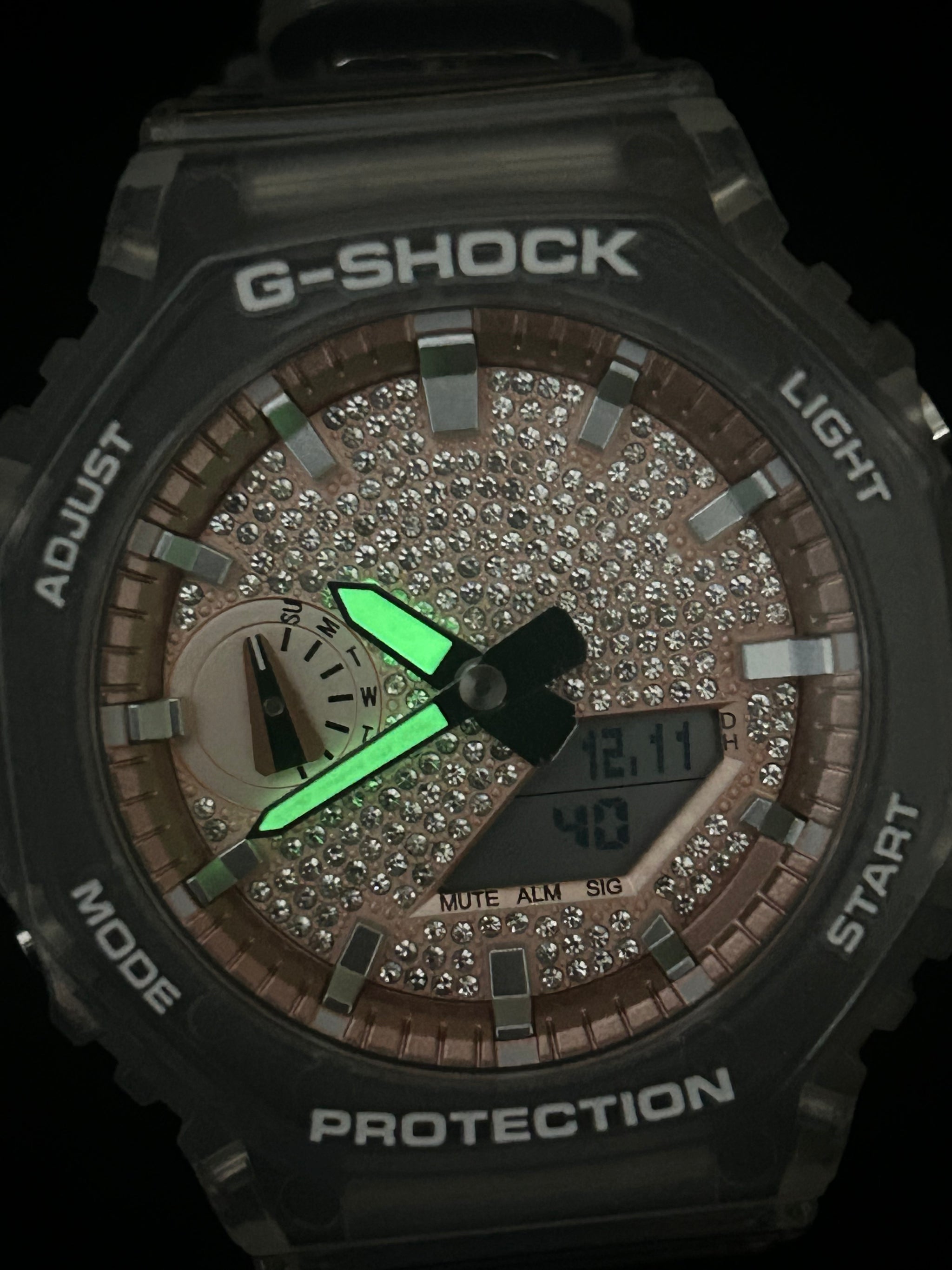 Custom G-Shock Iced Edition Rose Gold with clear case up close by GCS.DBN
