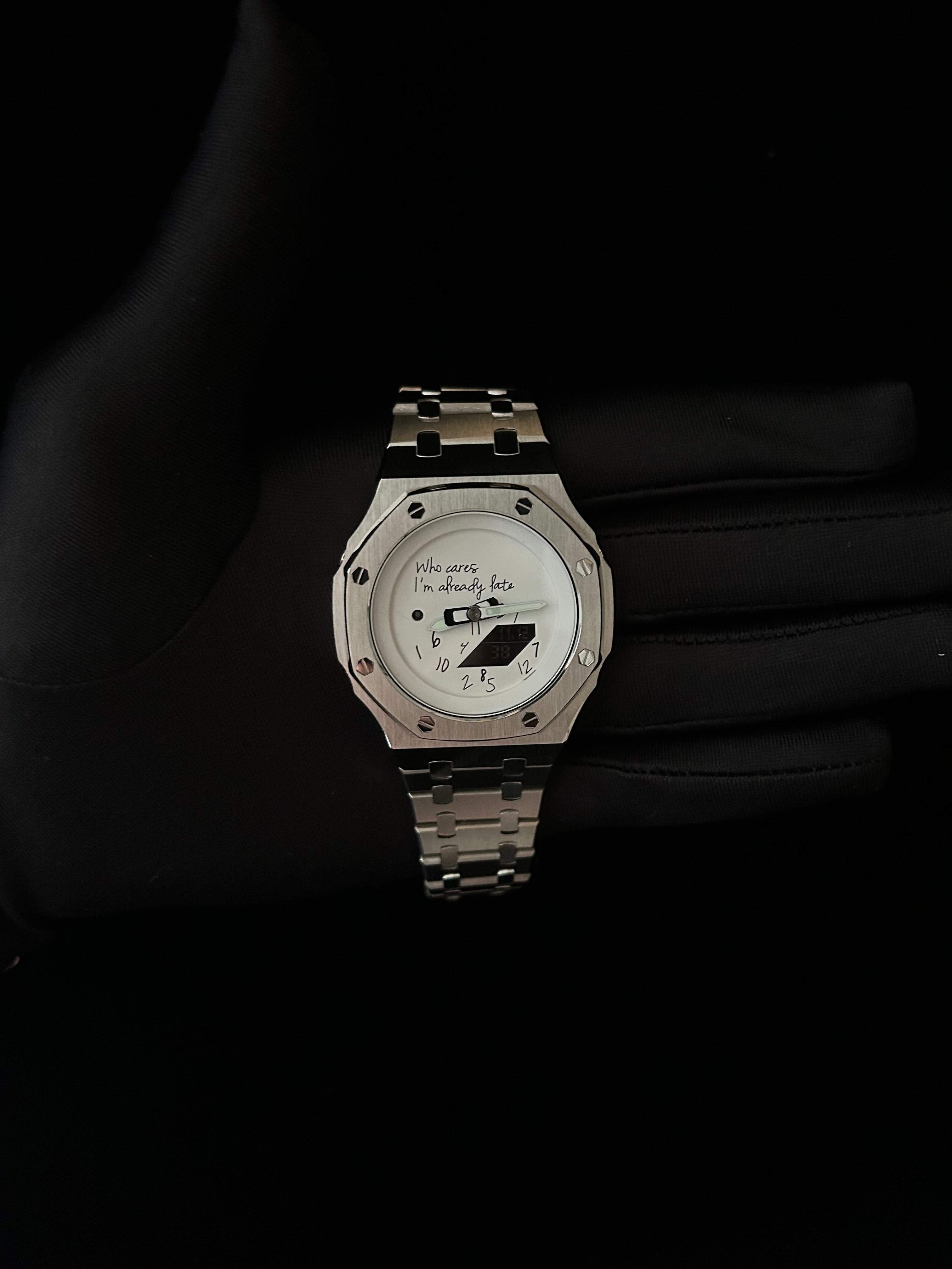 Late Edition Silver custom CasiOak mod on wrist