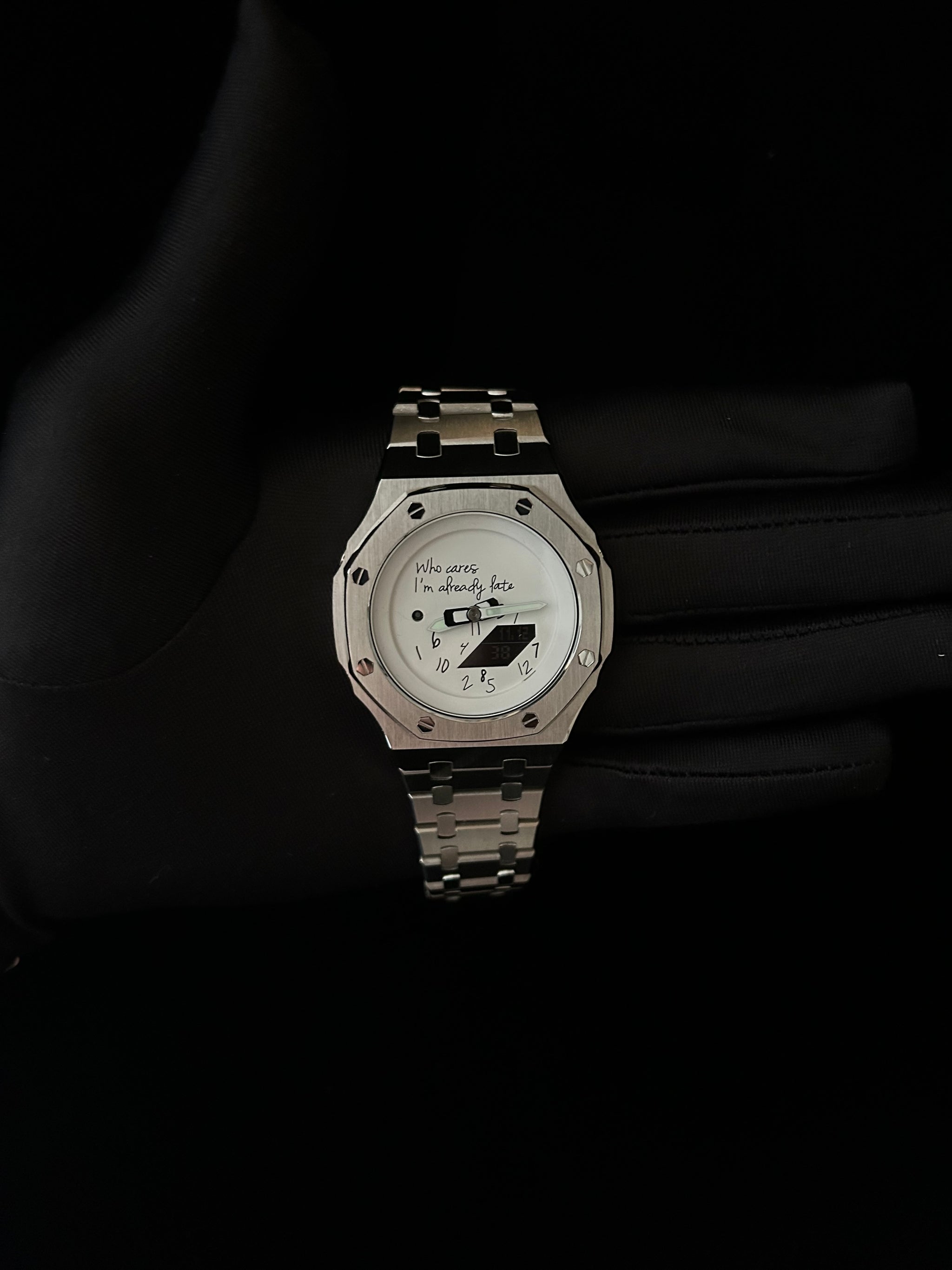 Late Edition Silver custom CasiOak mod on wrist