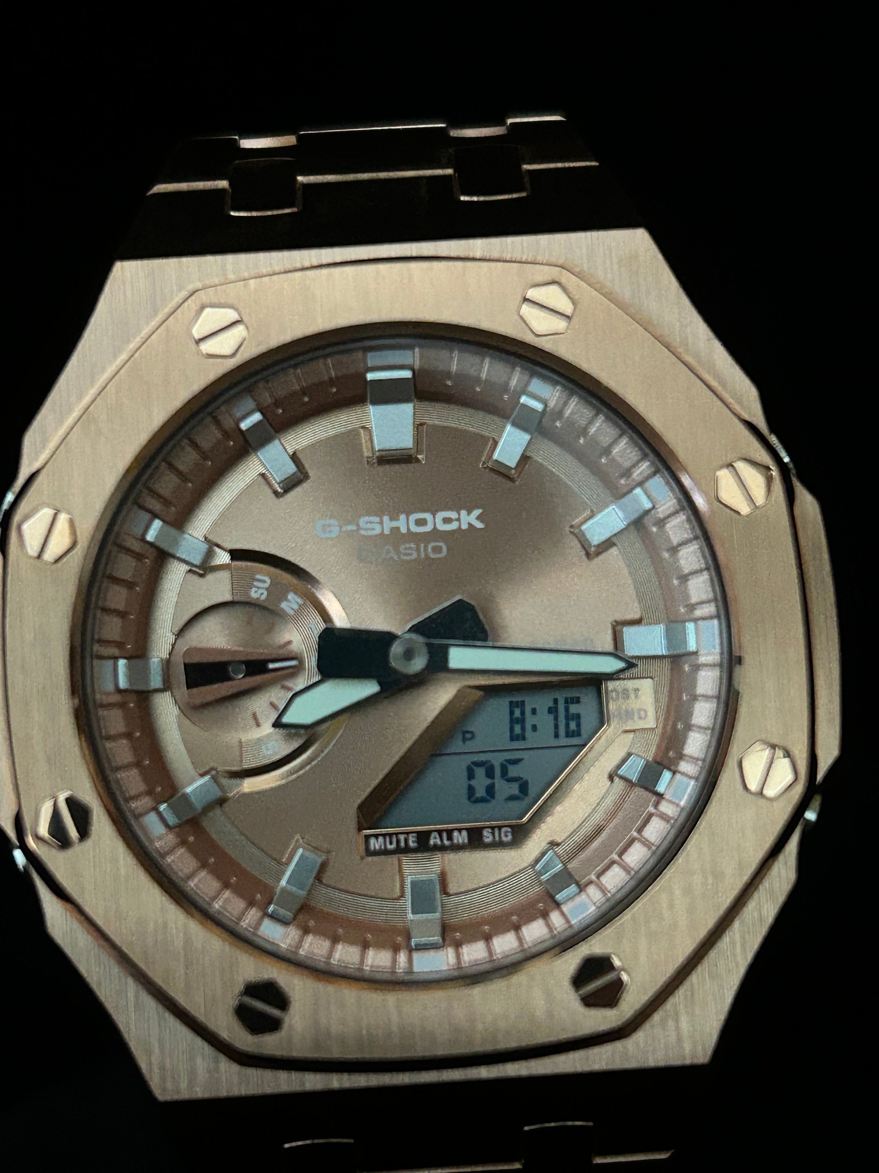 Custom G-Shock Apex Edition Rose Gold polished steel mod up close by GCS.DBN