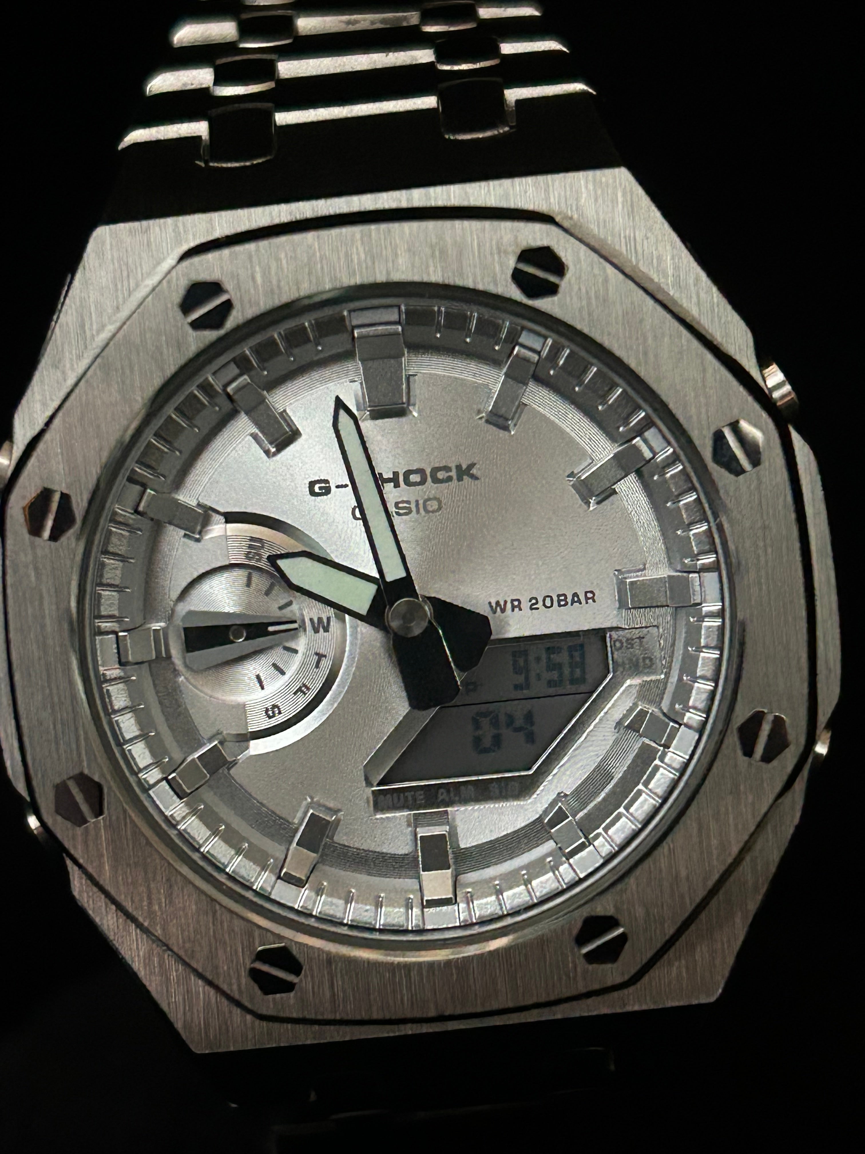 Custom G-Shock Apex Edition Silver brushed steel mod up close by GCS.DBN